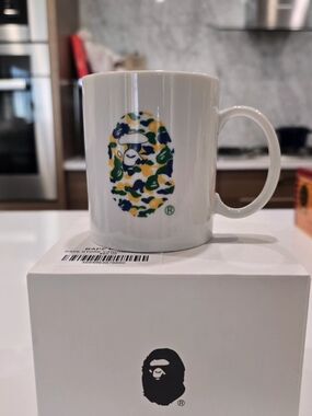 Bape White Mug with Green, Blue and Yellow Camo Ape Logo